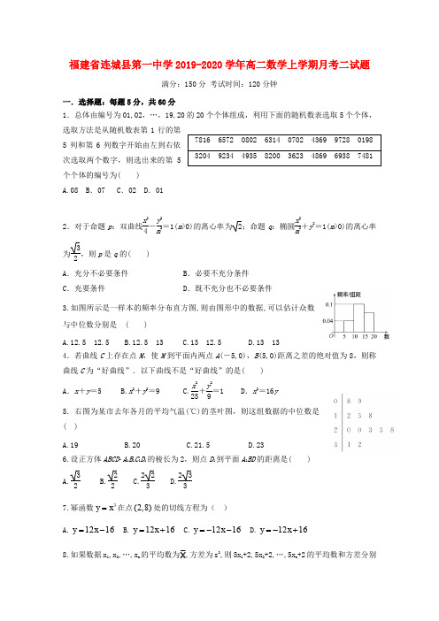福建省连城县第一中学2019_2020学年高二数学上学期月考二试题