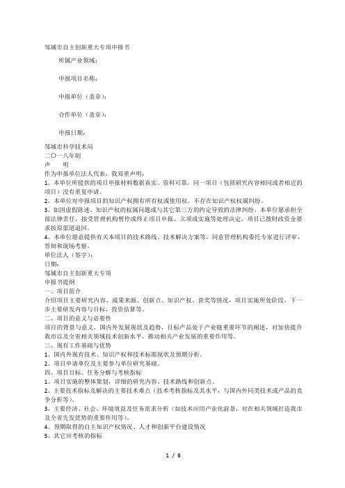 邹城市自主创新重大专项申报书