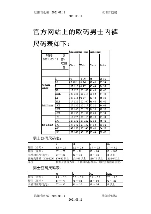 内裤尺码对照表-内裤尺寸参照表之欧阳音创编