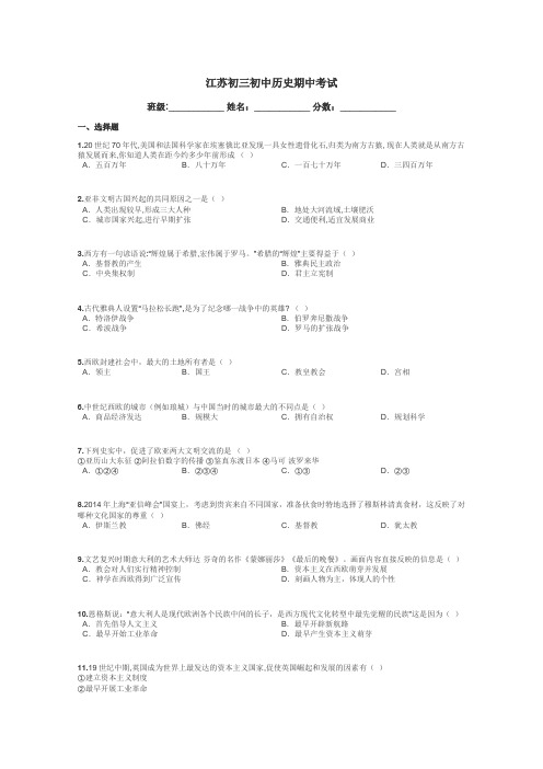 江苏初三初中历史期中考试带答案解析
