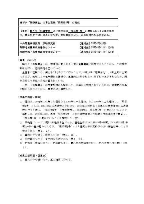 轮ギク「飞騨黄金」の早生系统'飞系菊 1号'の育成