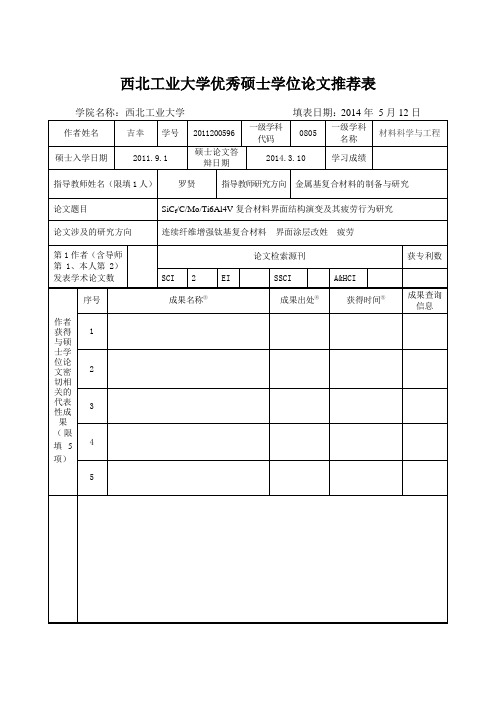 西北工业大学优秀硕士学位论文推荐表20140505