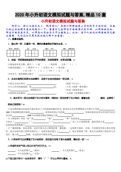 2020年小升初语文模拟试题与答案,精品10套