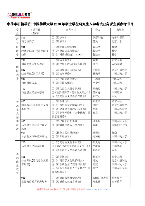 中传考研辅导班-中国传媒大学2008年硕士学位研究生入学考试业务课主要参考书目