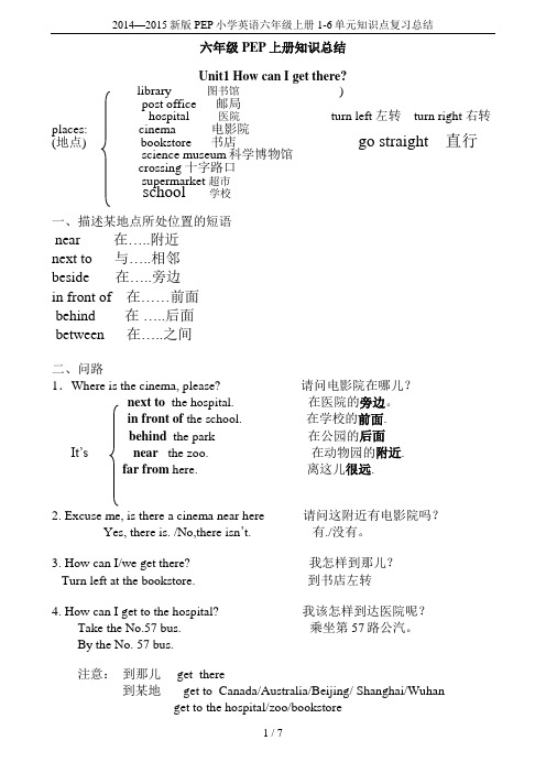 2014—2015新版PEP小学英语六年级上册1-6单元知识点复习总结