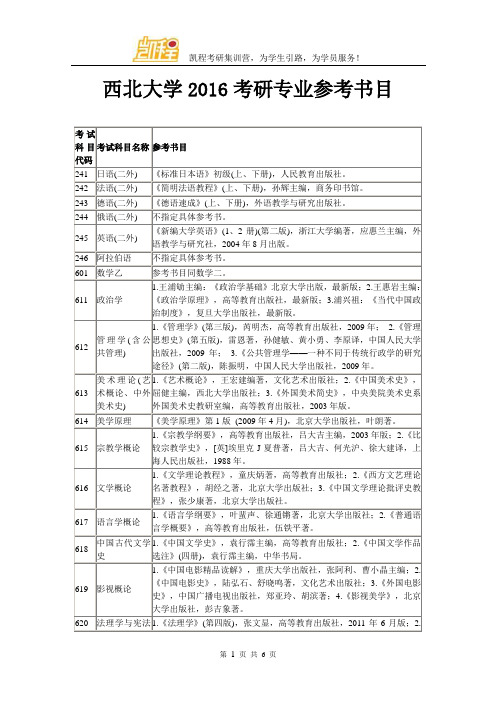 西北大学2016考研专业参考书目