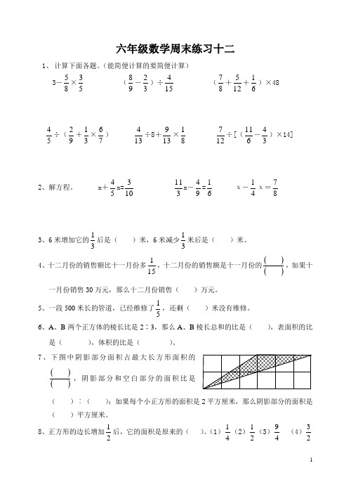 小学六年级数学周末练习十二