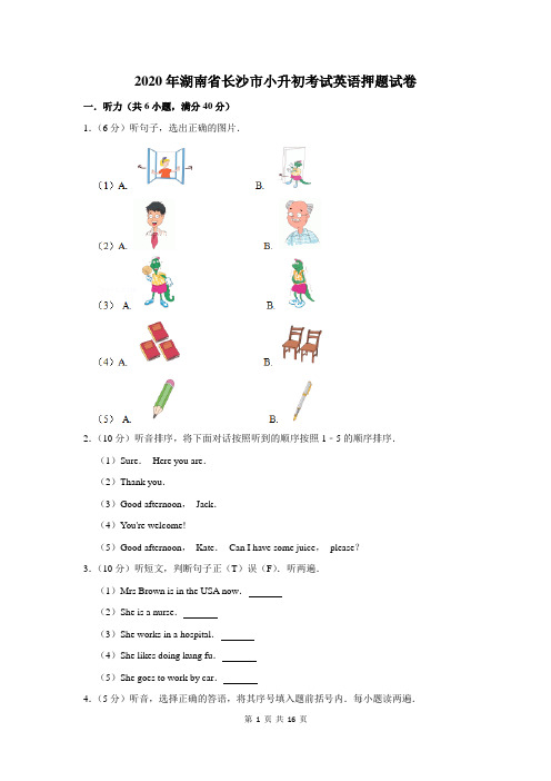 2020年湖南省长沙市小升初考试英语押题试卷及答案解析