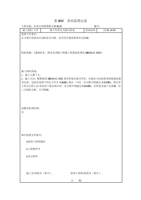 B08旁站监理水压试验记录