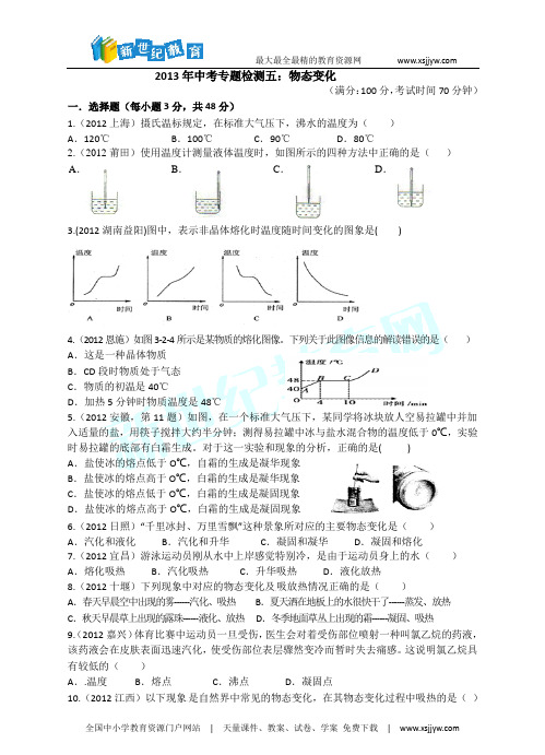 2013年中考物理专题检测五：物态变化