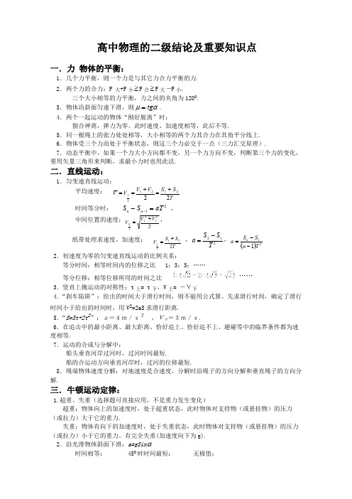 高中物理的二级结论及重要知识点总结