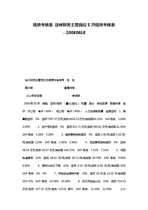 绩效考核表 徐州财务主管岗位5月绩效考核表--20080618