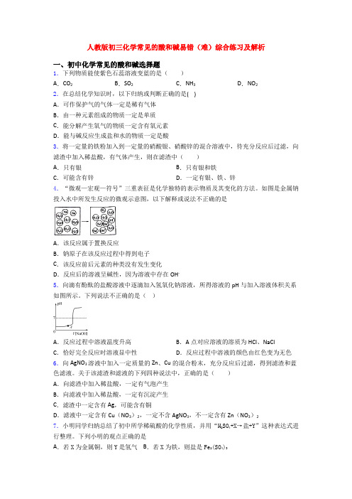 人教版初三化学常见的酸和碱易错(难)综合练习及解析