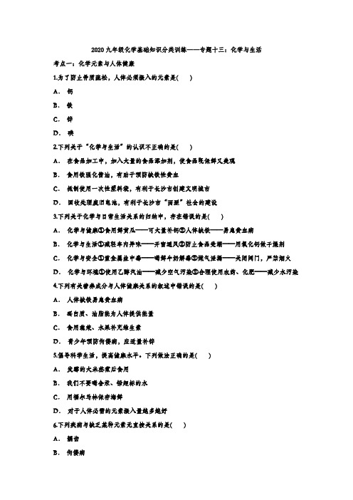 2020九年级化学基础知识分类训练——专题十三：化学与生活 (1)