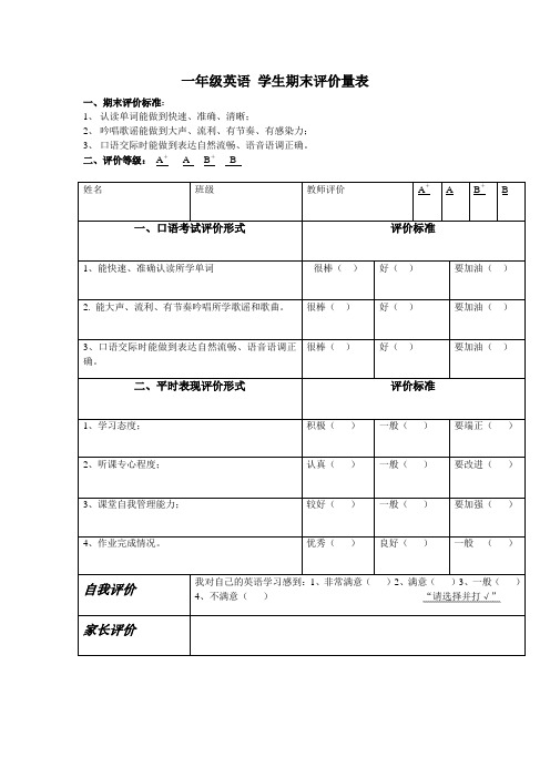 一年级英语 学生期末评价量表