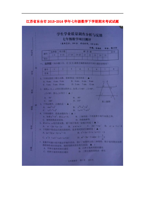 江苏省东台市七年级数学下学期期末考试试题(扫描版) 