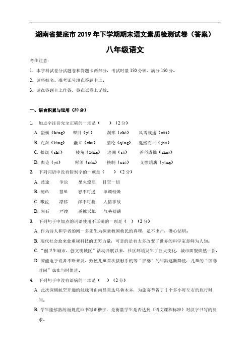 湖南省娄底市2019年下学期期末语文素质检测试卷(答案)