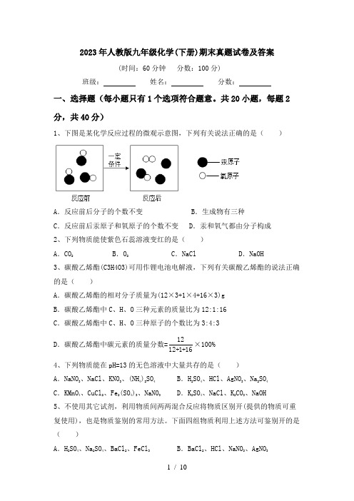 2023年人教版九年级化学(下册)期末真题试卷及答案