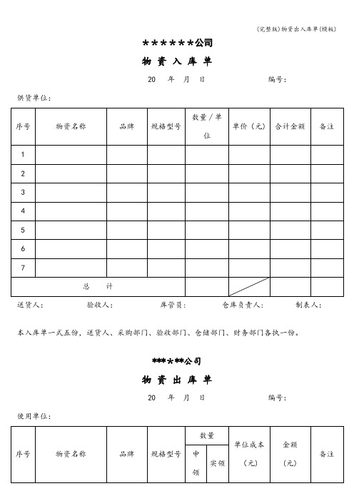 (完整版)物资出入库单(模板)