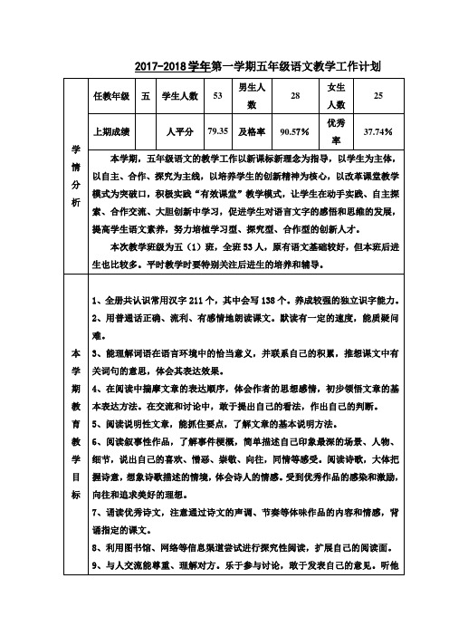 2017-2018学年湘教版五年级语文上册教学计划