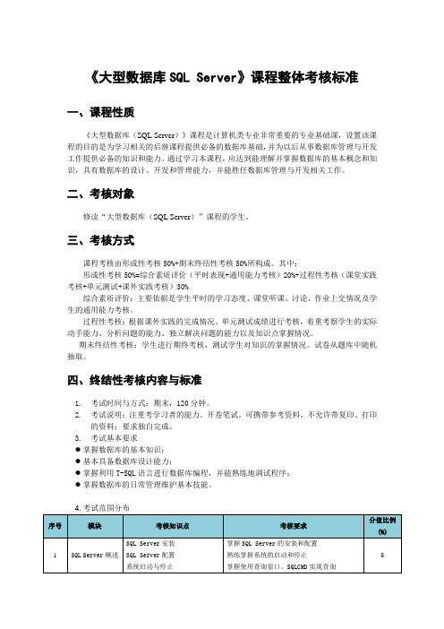 《大型数据库SQL Server》课程整体考核标准