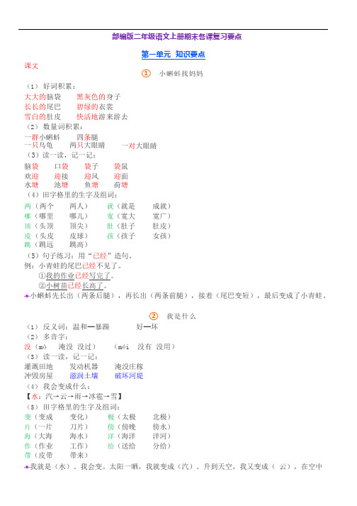 部编人教版二年级语文上册各单元复习要点