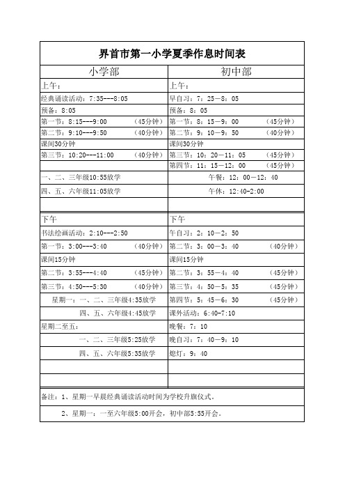 小学部、初中部夏季作息时间表