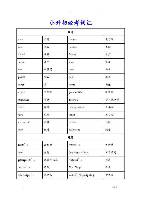 小升初必背1000个英语单词(分类)