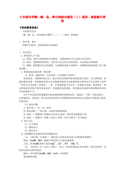 九年级化学酸、碱、盐、氧化物综合题型(二)鉴别、检验题天津版1知识精讲
