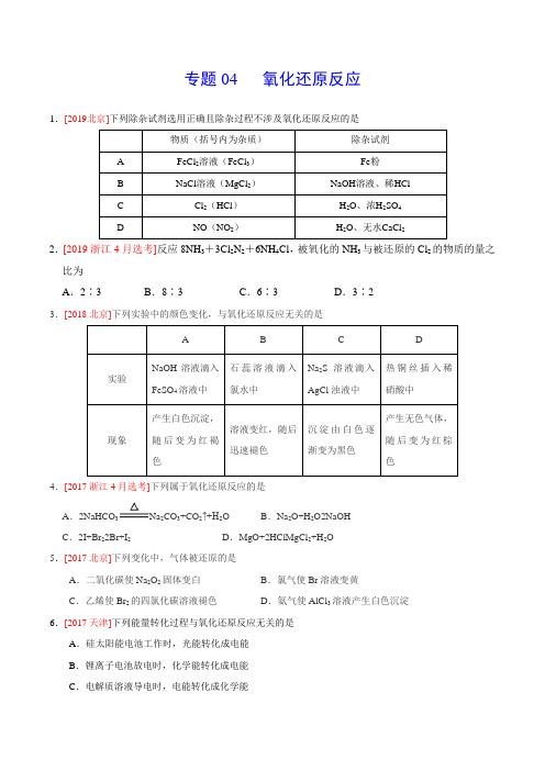2019年高考化学真题分类汇编专题04 氧化还原反应(原卷版)