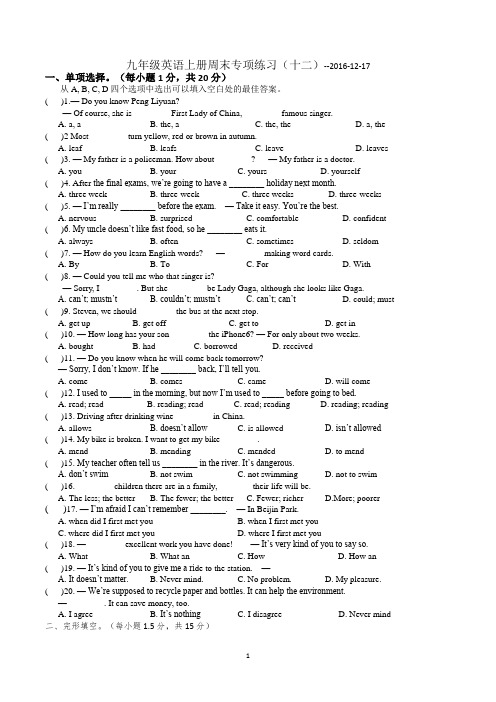 九年级英语上册周末专项练习(12-17)