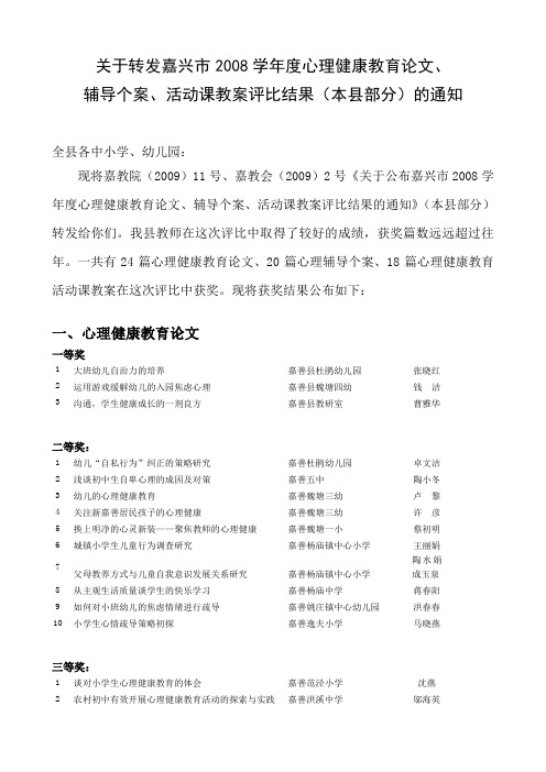 关于转发嘉兴市2008学年度心理健康教育论文