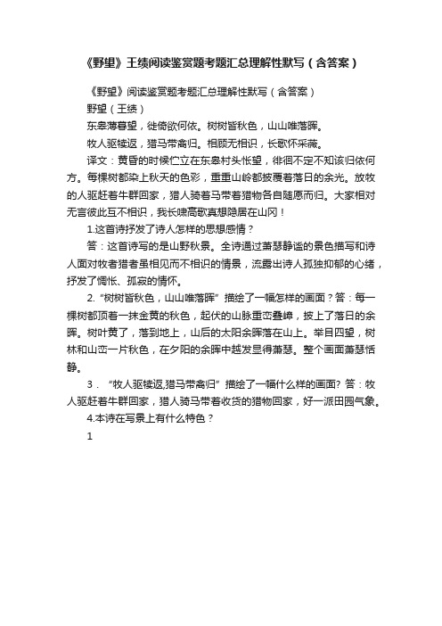 《野望》王绩阅读鉴赏题考题汇总理解性默写（含答案）
