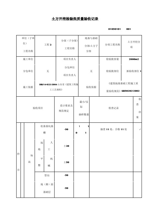 土方开挖检验批质量验收记录范例