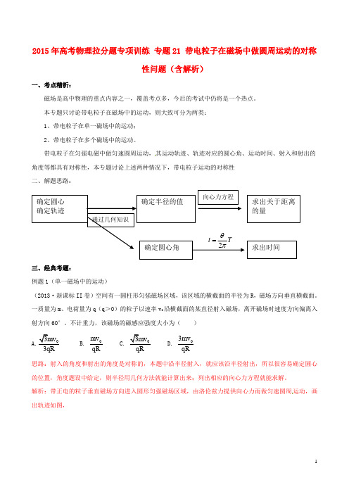 2015年高考物理拉分题专项训练专题21带电粒子在磁场中做圆周运动的对称性问题(含解析)