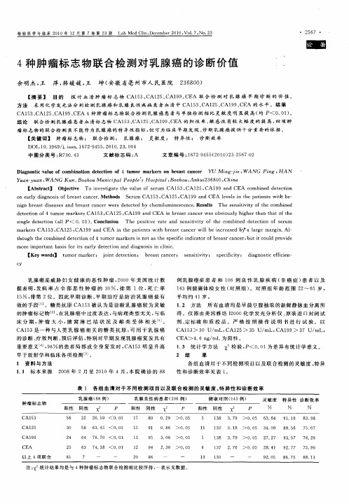 4种肿瘤标志物联合检测对乳腺癌的诊断价值