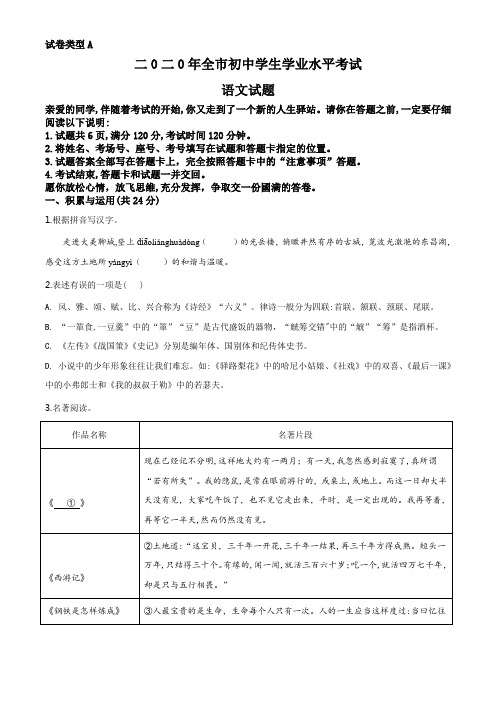 初中语文  山东省聊城市2020年中考语文试题(原卷版)