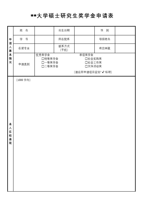 XX大学硕士研究生奖学金申请表【模板】