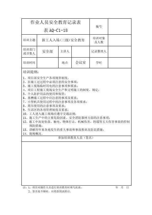 (入场)作业人员安全教育记录表