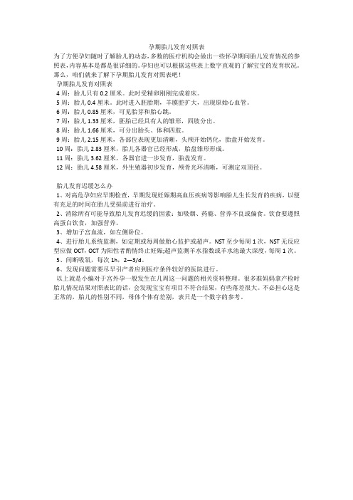 孕期胎儿发育对照表