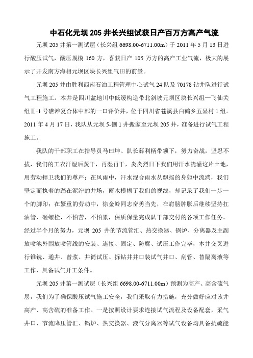 中国石化元坝205井长兴组试获日产百万方高产气流