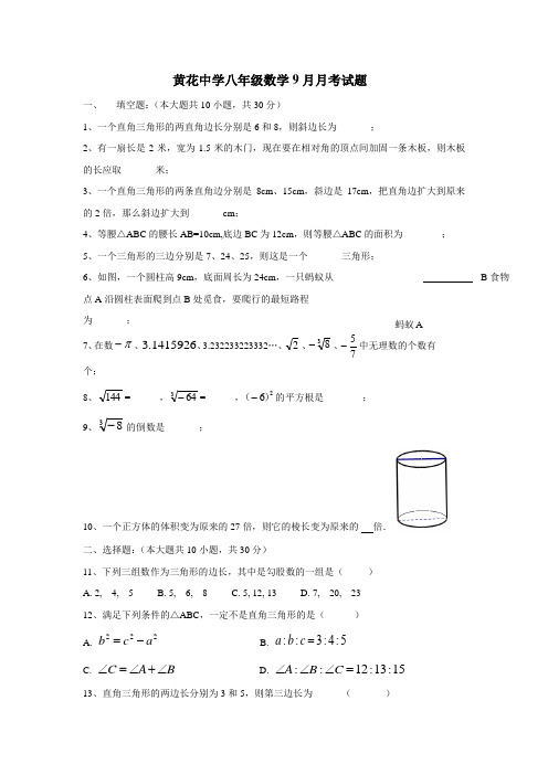 广东省英德市黄花镇黄花中学16—17学年八年级9月月考数学试题(无答案)