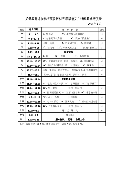小学五年级上册语文教学进度表2014至2015上