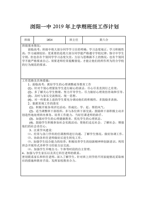 浏阳一中2019年上学期班级工作计划