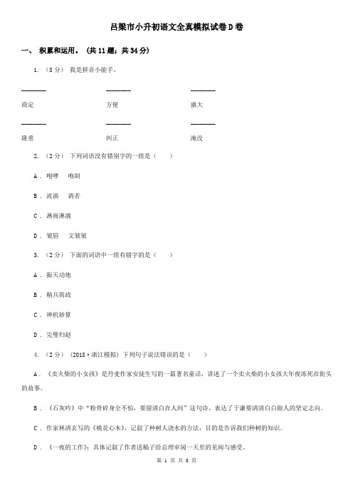 吕梁市小升初语文全真模拟试卷D卷