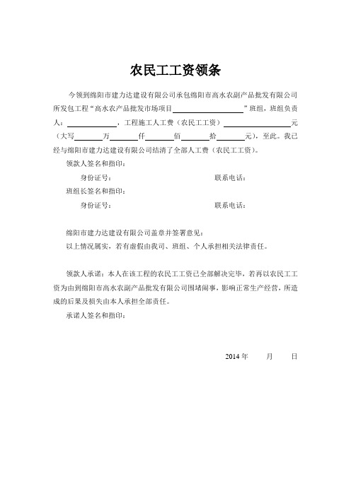 农民工工资领条