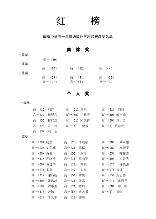 南康中学高一年级语数外三科联赛获奖名单