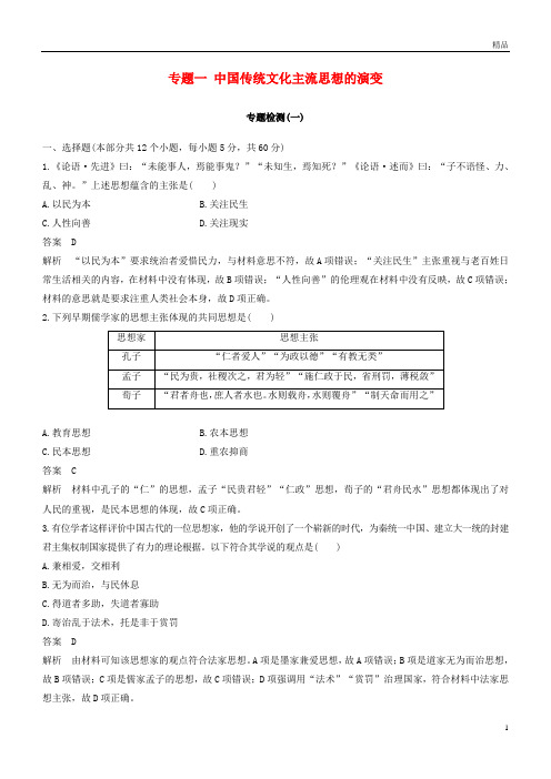 2019高中历史专题检测(一)专题一中国传统文化主流思想的演变人民版必修3