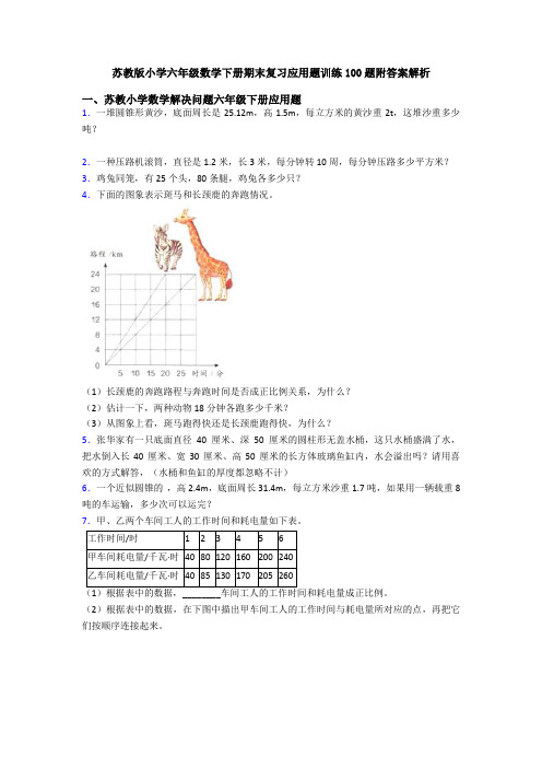 苏教版小学六年级数学下册期末复习应用题训练100题附答案解析