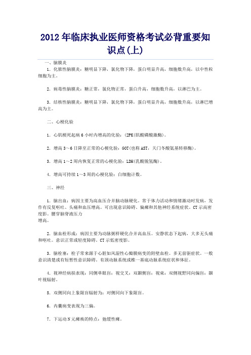 2012年执医考试必背重要知识点(上)